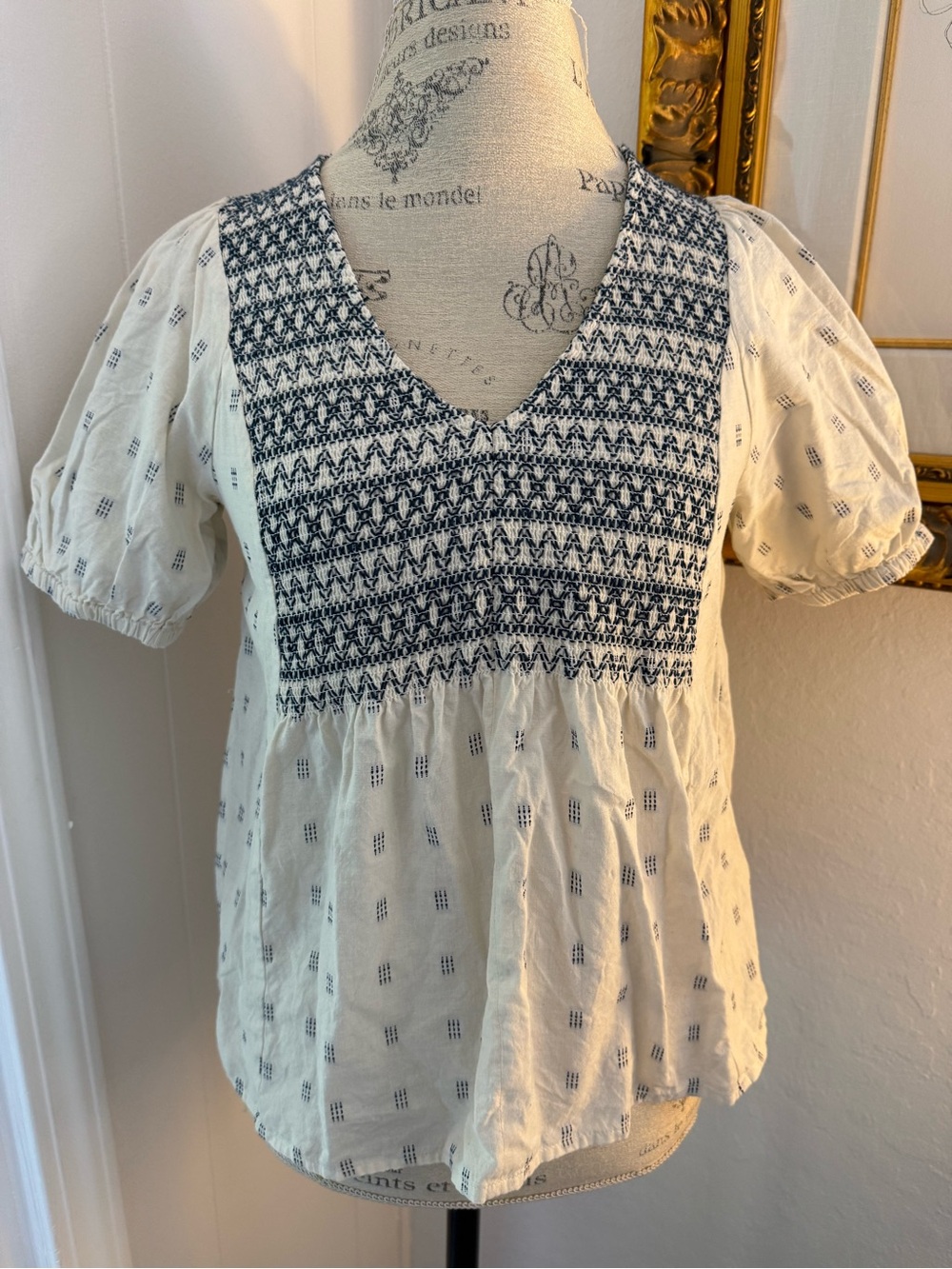 Madewell Woven Embroidered V-Neck Top- Cream with Navy Embroidery
